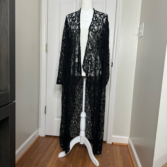 Vamp Tops - Vintage Vamp Longline Long Sleeve Black Lace Open Front Kimono Duster Coverup 1X